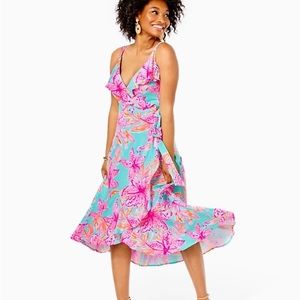 NWT Lilly Pulitzer Fontaine Knee Length Wrap Dress Surf Blue Bonita Blooms M